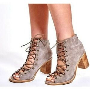 Jeffrey Campbell Cors Lace Up Bootie Sandal Gray Suede Corset Block Heel…